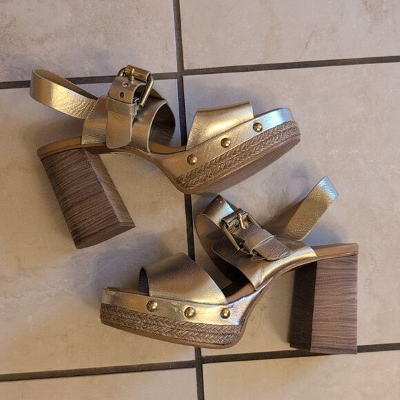 NEW See By Chloe Lamb Joline Heel Sandals Block Platform Gold FLAWED - Picture 4 of 12